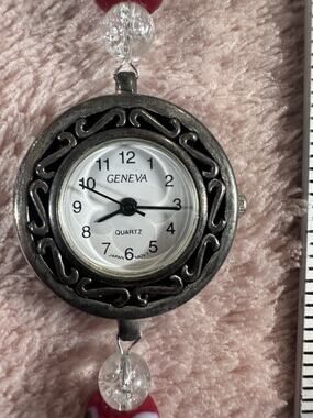 Geneva Womens Beaded Bracelet Watch Glass Beads Silver Tone